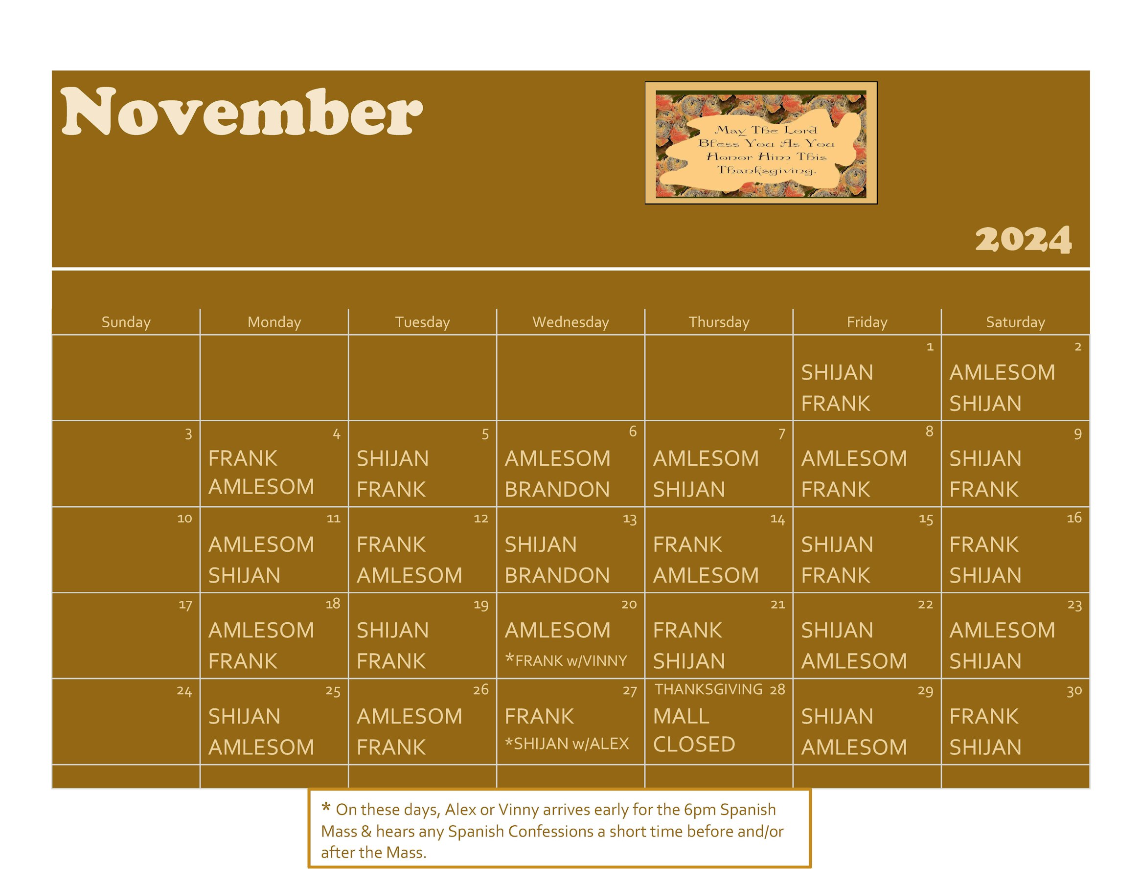 2024 Mall November Schedule